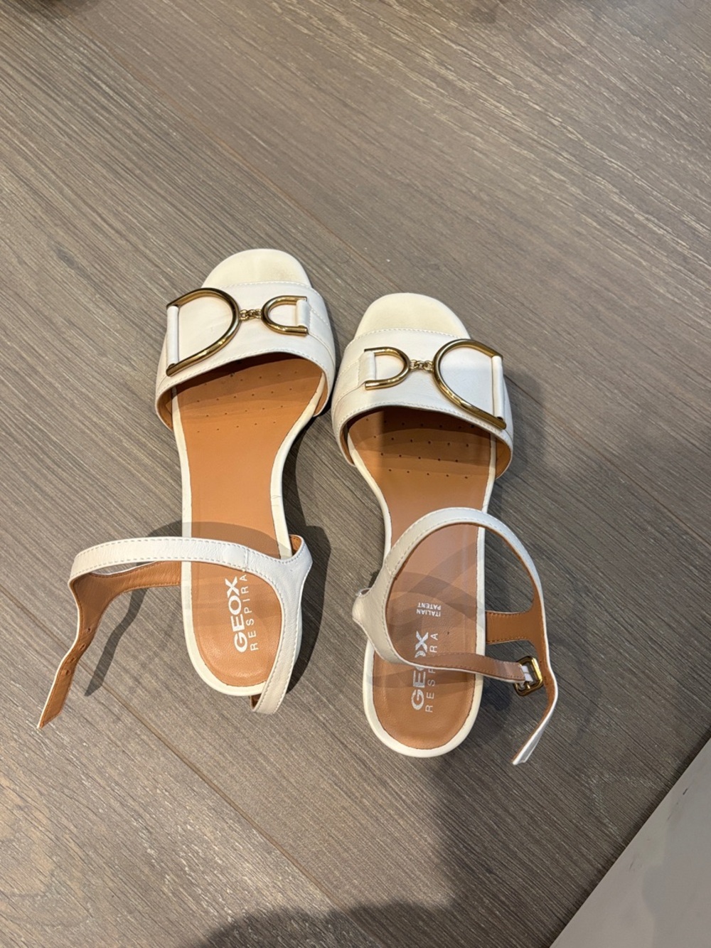Geox White Leather Sandals with Gold Buckle